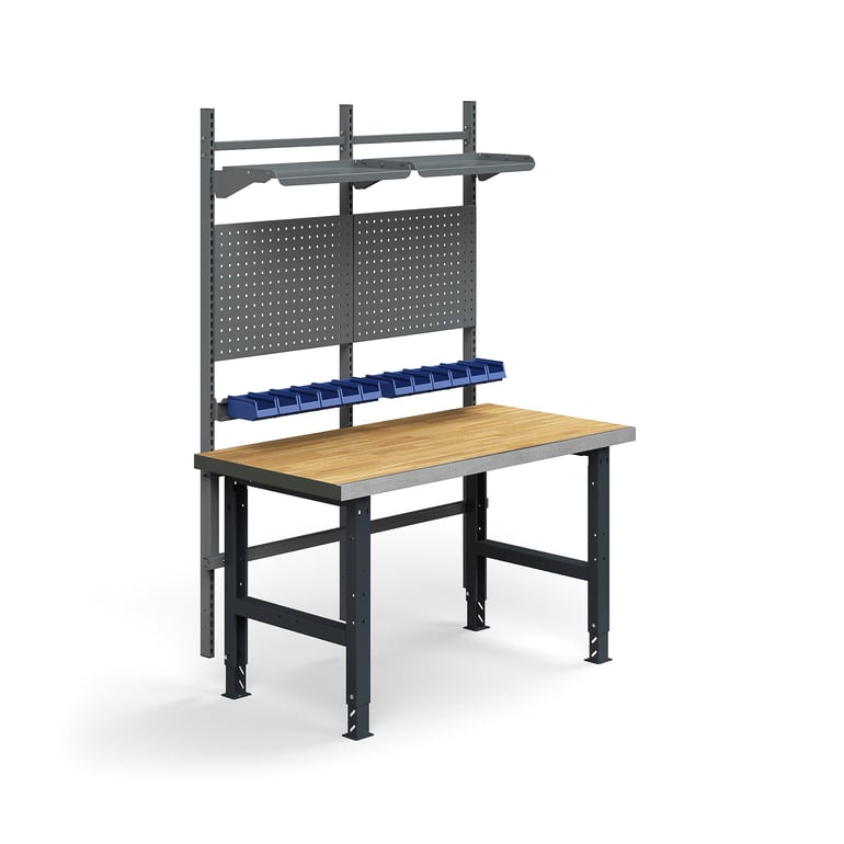 Kompletny stół TRUST, panele narzędziowe, pojemniki + półki, 1500x760 mm, parkiet dębowy