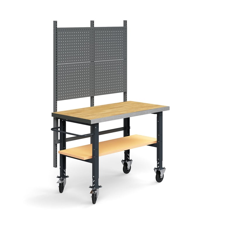 Kompletny mobilny stół warsztatowy TRUST, panel narzędziowy, półka dolna, 1500x760 mm, parkiet dębow