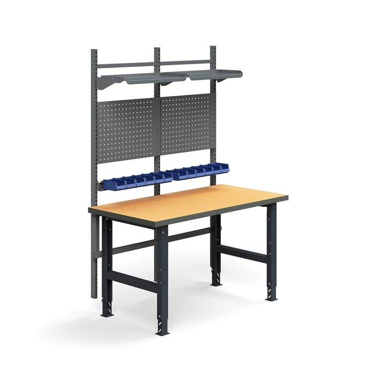 Kompletny stół TRUST, panele narzędziowe, pojemniki + półki, 1500x760 mm, płyta pilśniowa