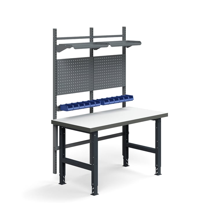 Kompletny stół TRUST, panele narzędziowe, pojemniki + półki, 1500x760 mm, laminat HPL