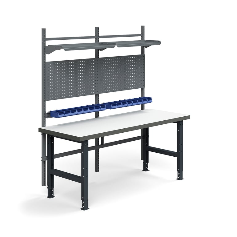 Kompletny stół TRUST, panele narzędziowe, pojemniki + półki, 2000x760 mm, laminat HPL