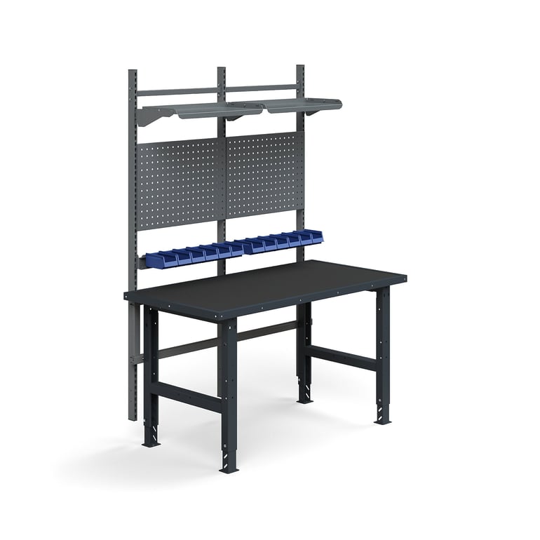 Kompletny stół TRUST, panele narzędziowe, pojemniki + półki, 1500x760 mm, mata ochronna