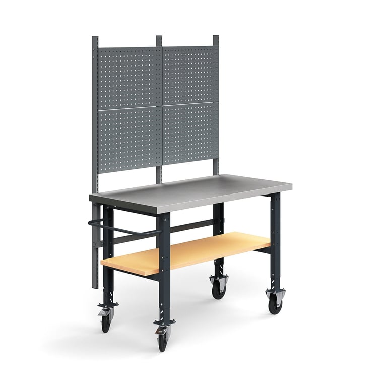Kompletny mobilny stół warsztatowy TRUST, panel narzędziowy, półka dolna, 1500x760 mm, stal