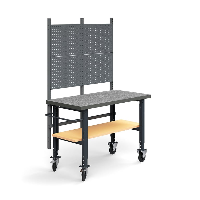 Kompletny mobilny stół warsztatowy TRUST, panel narzędziowy, półka dolna, 1500x760 mm, winyl