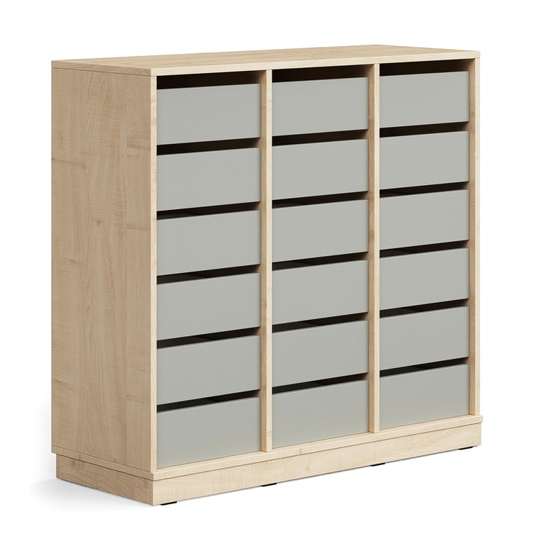 Regał szkolny CASPER, 18 szuflad, podstawa, brzoza/szary