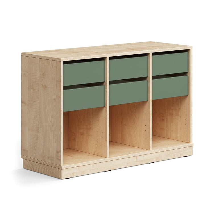 Regał szkolny CASPER, 6 szuflad, 3 przegrody, podstawa, brzoza/ciemnozielony