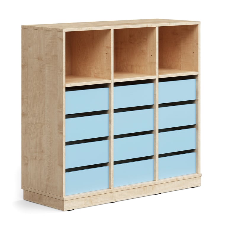 Regał szkolny CASPER, 12 szuflad, 3 górne przegrody, podstawa, brzoza/błękitny